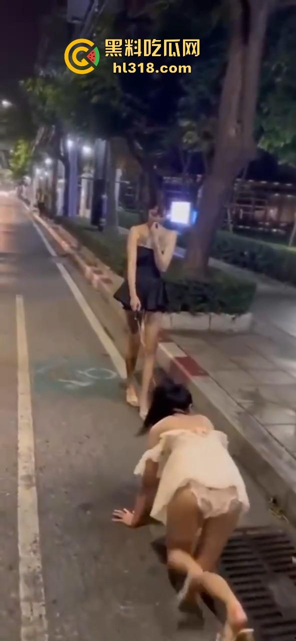 极品好闺蜜深夜路边户外露出调教，白嫩小母狗牵引沿路爬行，真听话是个好狗狗！-7